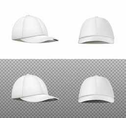 3d realistic vector icon. White sport cap in front and side view. Mockup baseball cap. 