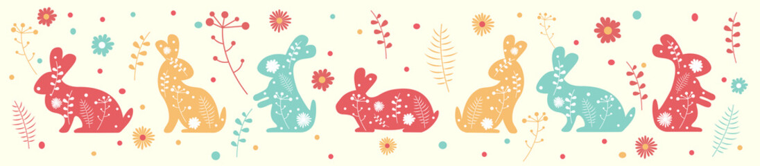 Obraz premium Hand drawn Easter pattern with bunnies, flowers vector design icon