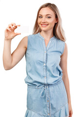 Obraz premium Happy beautiful casual woman holding a blank card isolated on white