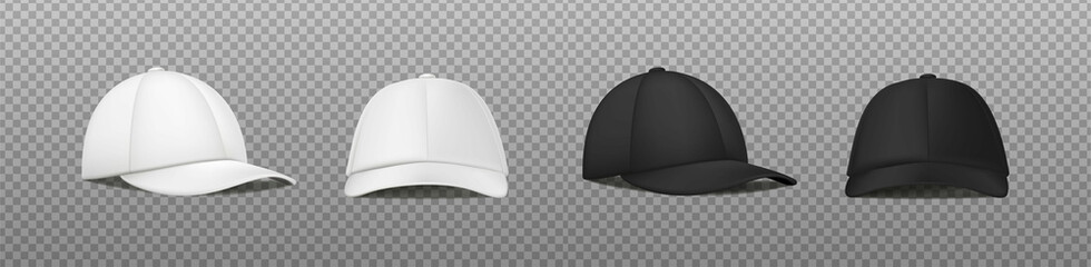 3d realistic vector icon. White and black sport cap in front and side view. Mockup baseball cap. 
