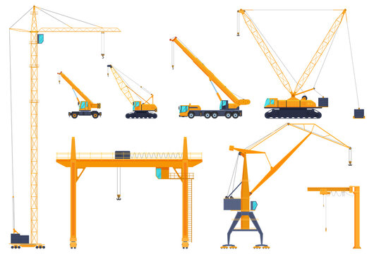 Truck crane industrial vehicle collection vector engineering building elevate freight with hook