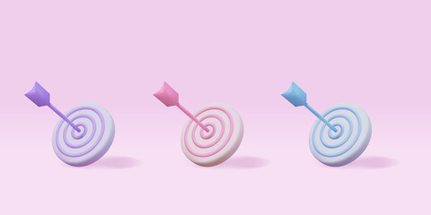 3D set illustration. The arrow hit the center of the target. Rush business achievement concept. Vector illustration.