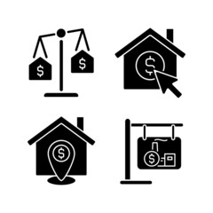 Housing searching black glyph icons set on white space. Property comparison. Home location. Real estate website. Silhouette symbols. Solid pictogram pack. Vector isolated illustration