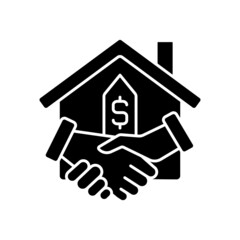Fototapeta na wymiar Closing black glyph icon. Property transfer from seller to buyer. Real estate transaction. Buy house. Silhouette symbol on white space. Solid pictogram. Vector isolated illustration