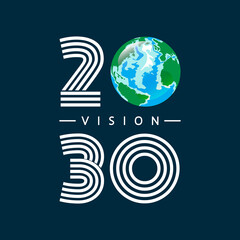 Earth planet with 2030 objectives for climate. 2030 vision. Cartoon planet Earth with white clouds around, year big numbers, navy blue space background. Vector symbol, logo, sign, label, emblem. - obrazy, fototapety, plakaty