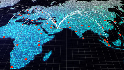 Global connectivity from Dubai to other major cities around the world. Technology, network connection, trading, and traveling concept. World map element furnished by NASA