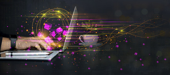 Hand holding of global data network, Big data visualization of futuristic and block chain