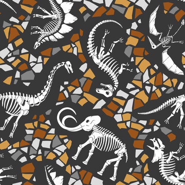 Hand drawn dinosaur skeletons seamless vector pattern. Perfect for textile, wallpaper or print design.
