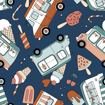 Hand drawn vintage ice cream trucks and ice creams seamless vector pattern. Perfect for textile, wallpaper or print design.

