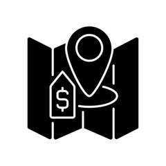 Land selling black glyph icon. Plot trading and purchasing. building construction. Real estate. Property sale. Silhouette symbol on white space. Solid pictogram. Vector isolated illustration