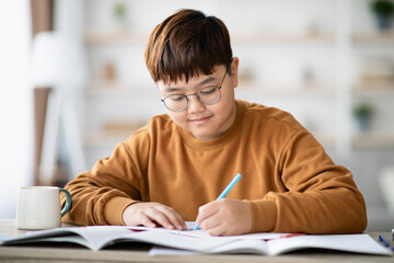 Naklejka na ściany i meble Positive asian schooler doing homework, writing at notebook