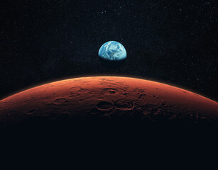 Mars, the red planet with detailed surface features and craters in deep space. Blue Earth planet in outer space. mars and earth, concept - obrazy, fototapety, plakaty