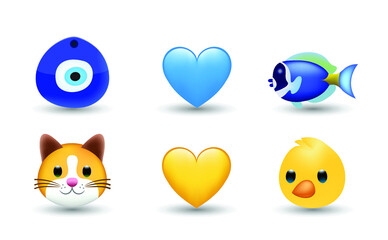 6 Emoticon isolated on White Background. Fatima eye, Evil eye protection signs, blue fish, yellow and blue heart, cat, chicken vector emoji illustration. 3d Illustration.