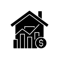 House market prices black glyph icon. Realty price increasing. Real estate purchasing. Property sale. Silhouette symbol on white space. Solid pictogram. Vector isolated illustration