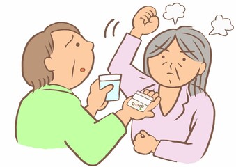 内服をすすめる家族と拒薬する重度認知症の女性のイラスト