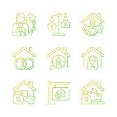 Real estate gradient linear vector icons set. Home and construction mortgage. Property purchasing. Asset insurance. Thin line contour symbol designs bundle. Isolated outline illustrations collection