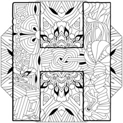 Letter H monogram on mandala, engraving design. Vector illustration for coloring.