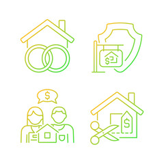 Property purchasing legal features gradient linear vector icons set. Community realty. House price negotiation. Thin line contour symbol designs bundle. Isolated outline illustrations collection