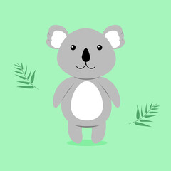 Cartoon koala character with eucalyptus leaves. Vector illustration on green background