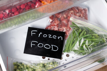Frozen vegetables in bags, cold healthy diet food. Frozen Food.