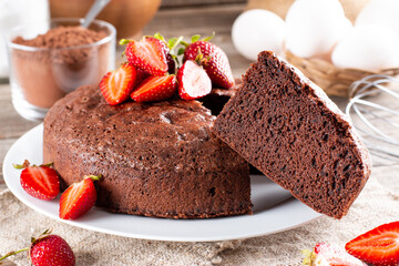 Fresh chocolate sponge cake with strawberry. Chiffon biscuit for cake
