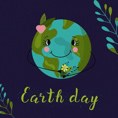 Poster Earth day, ecology eco environmental protection, climate change, save Nature.Vector illustration of cute planet Earth and text Earth Day on a dark background in cartoon style
