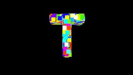 Letter T. 3D Bright colored uppercase large letter of the alphabet T on an empty black background isolate. Color font