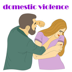 man beats up his frightened wife. concept of woman afraid of domestic violence. man with fist threatens his wife, girlfriend, woman. slogan is DOMESTIC VIOLENCE. Stop violence against women. Vector - obrazy, fototapety, plakaty