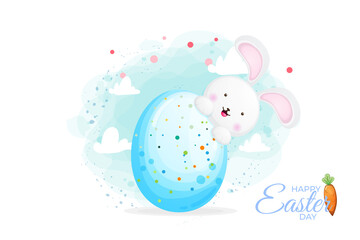 Happy easter day text horizontal and easter egg decoration banner with cute bunny background