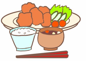 唐揚げとごはんとみそ汁のイラスト