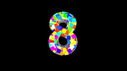 Number 8. 3D Bright colored uppercase large number 8 empty black background isolate. Color font