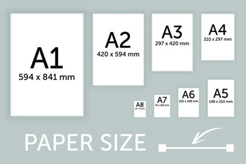 Paper Sizes Vector. A1, A2, A3, A4, A5, A6, A7, A8 Paper Sheet Formats. Eps10 vector illustration - obrazy, fototapety, plakaty