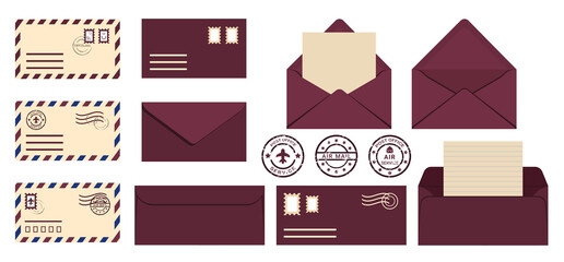 Set of international envelopes with stamps and seals isolated on white background. Open and closed envelope templates. Flat style vector illustration