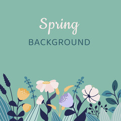 Spring botanical banner with beautiful colorful flowers, leaves, blooms, herbal plants, wildflowers. Floristic background. Floral template. Vector flat illustration	