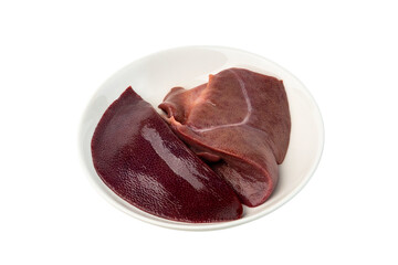 Raw Pork Liver on white plate isolated on white background with clipping path.