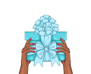 Vector drawing elegant African American woman hand. Woman Fashion model fingers with manicure nails holding turquoise boxes decorated with mint ribbons and bows. Design print Festive greeting present 