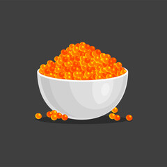 Red salmon caviar in white bowl. Fish roe - healthy luxury delicacy. Vector illustration isolated on black background	