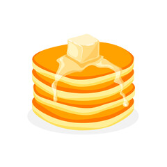Stack or heap of tasty pancakes with butter cube. Delicious breakfast. Baking with syrup. Vector illustration isolated on white background.