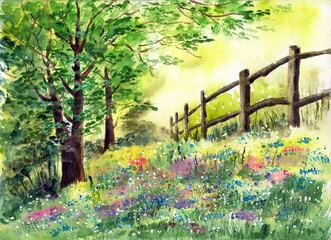 Watercolor illustration of a summer meadow dotted with colorful wildflowers, with green trees on one side and an old wooden fence on the other