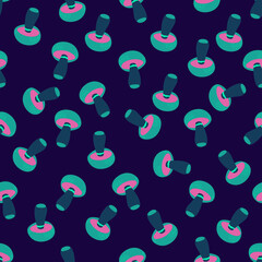 Seamless natural pattern, mushrooms,  neon color, black background. Vector, minimalist, hand drawn. 