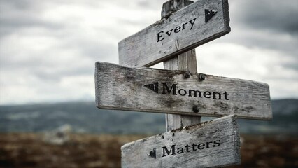 Every moment matters text quote on wooden signpost outdoors in nature. Moody feeling. 4k video slow zoom footage.
