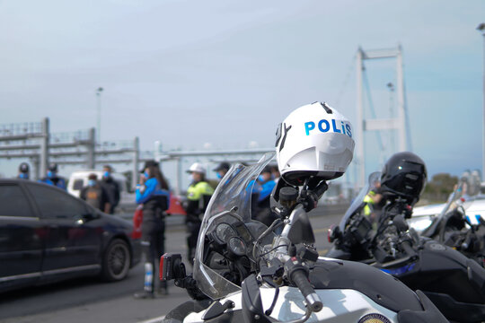 Bosphorus bridge Police Motorcyle at park and police check point 2021