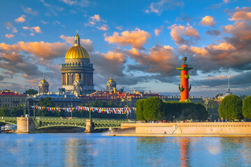 Saint Petersburg panorama. Russia summer day. Palace bridge over river. Dome of St. Isaac's...