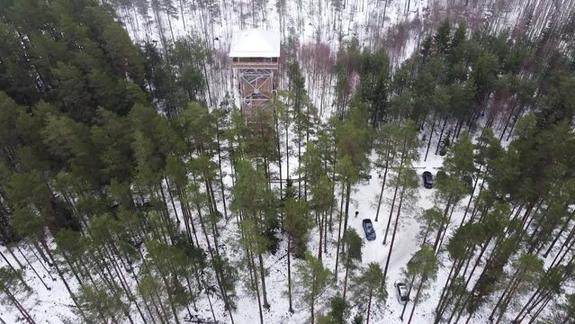 Aerial drone view of Valgesoo viewing tower in Southern Estonia during winter