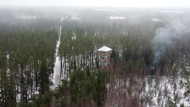 Aerial drone view of Valgesoo bog in Estonia during winter