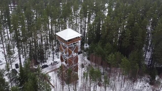 Aerial drone view on Valgesoo viewing tower in Estonia during winter