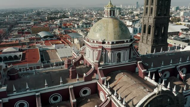 Aerial View Of Puebla Cathedral, Roman Catholic Church With City Views In Puebla, Mexico. - ascend