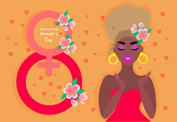 Obraz na płótnie Canvas Beautiful afro spring girl in flat style, International Women's Day, Happy Women's Day greeting card
