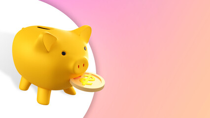 Moneybox pig with coin in his mouth. Metaphor of income from bank deposit. Moneybox symbolizes bank deposit. Interest on balance on deposit. Free space on pink background. Bank offer. 3d rendering.