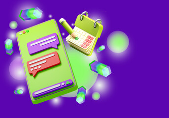 Time Management Concept. Calendar next to smartphone. Appointment scheduling in electronic calendar metaphor. Apps for scheduling meetings. Smartphone on purple. Apps for time management. 3d image.